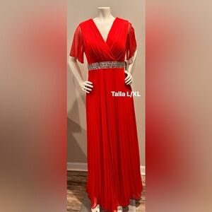 Elegant Red Maxi Dress with Embellished Waist